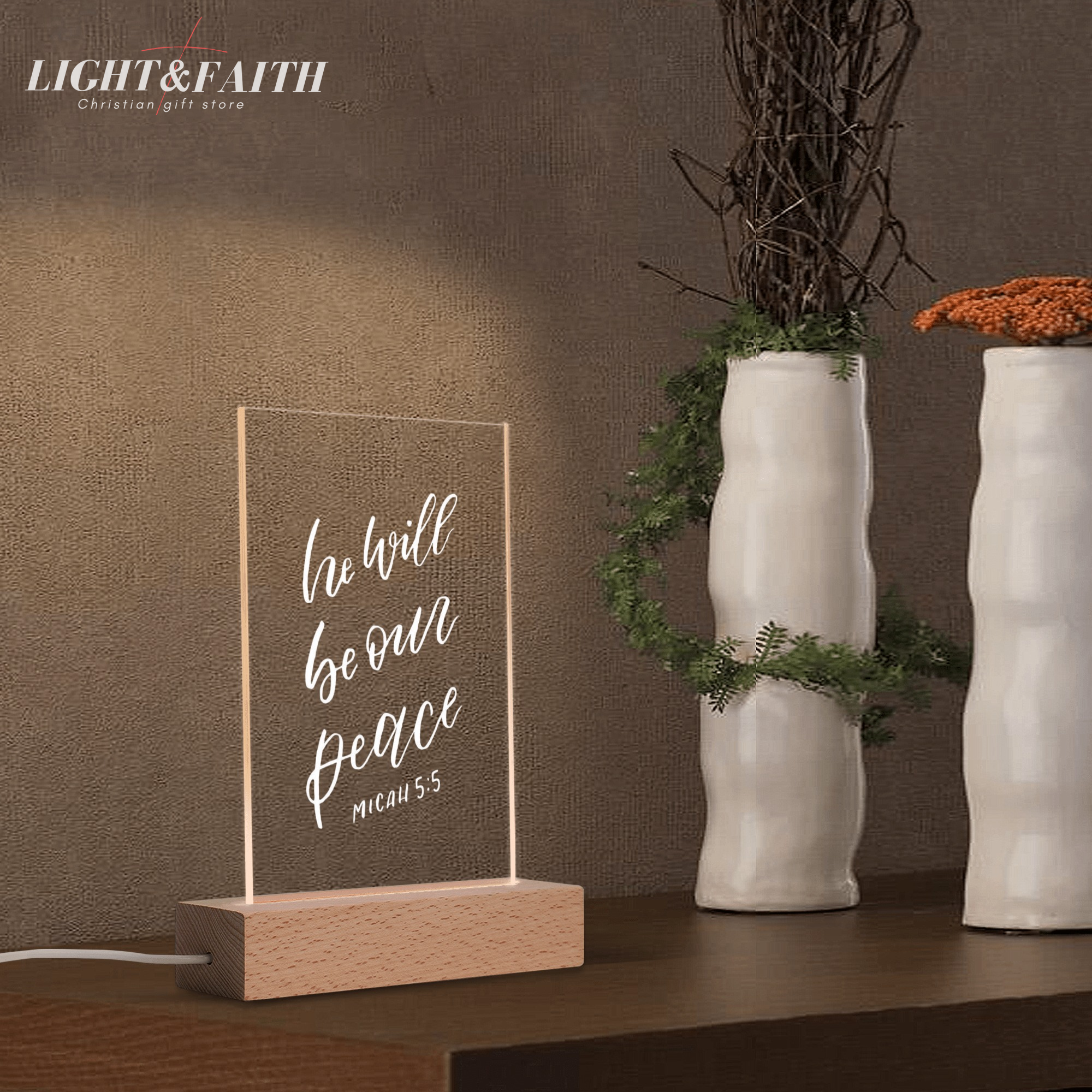 He Will Be Our Peace - Micah 5:5 LED Light, Christian Bible Verse Lamp, Inspirational Acrylic Night Light, Religious Home Decor, Faith Gift for Believers. NLLAF47